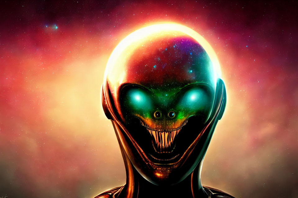 Iridescent humanoid figure with glowing eyes in cosmic setting