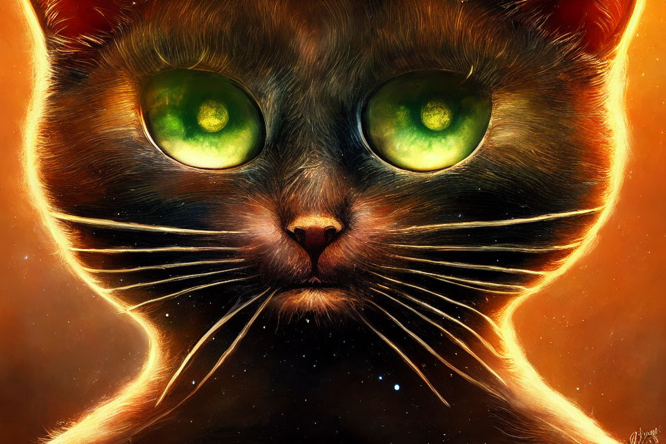 Cosmic cat digital art with glowing green eyes in starry space backdrop