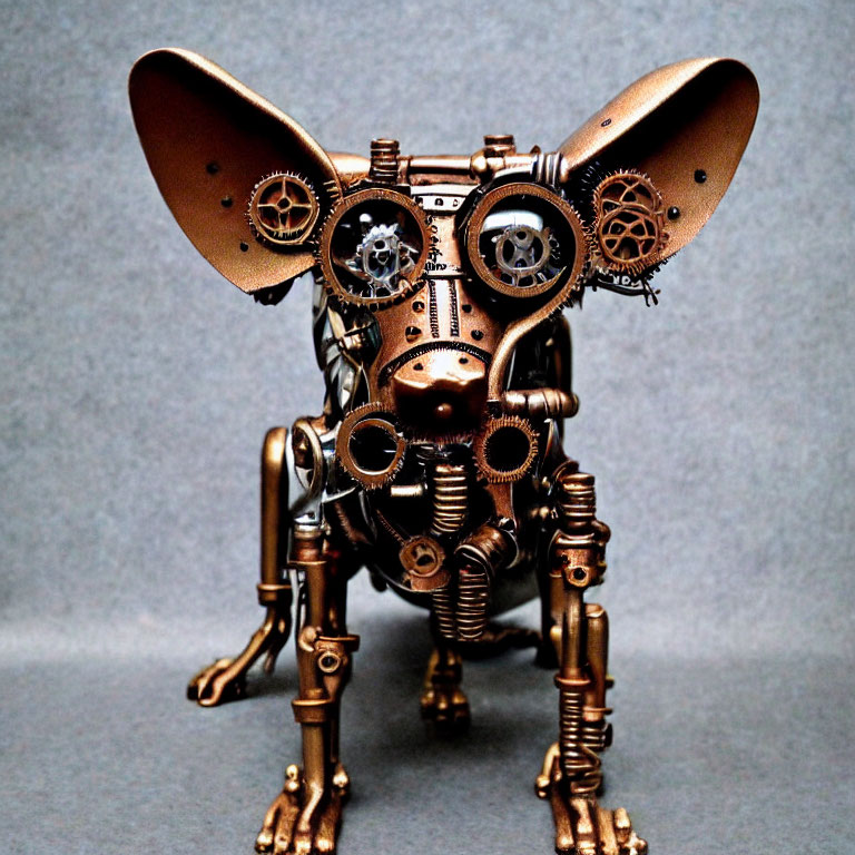 Steampunk-Inspired Metallic Dog Sculpture with Large Ears and Cog Eyes