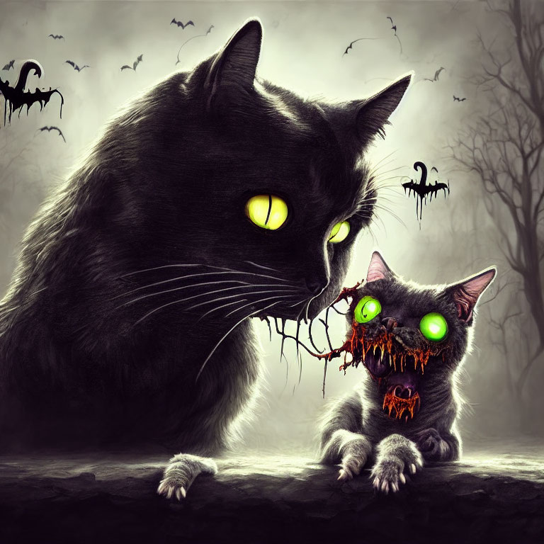 Stylized black cats with glowing eyes in mysterious foggy setting