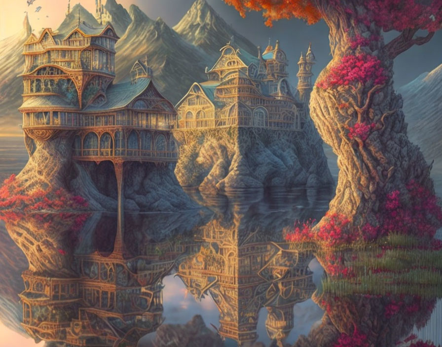 Elaborate fantasy landscape with tiered buildings on giant tree by tranquil lake