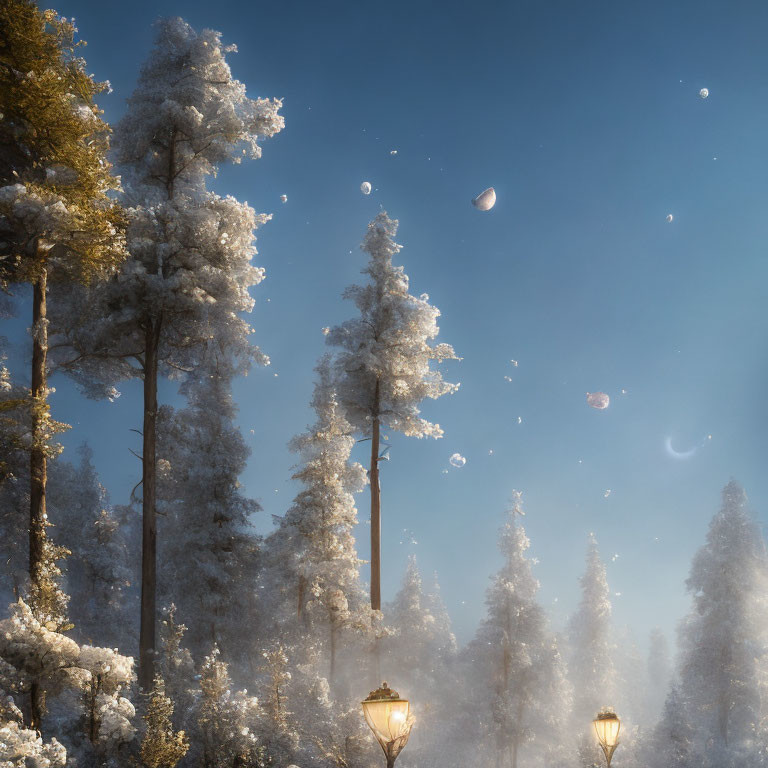 Misty forest scene with snow-covered trees and glowing lanterns