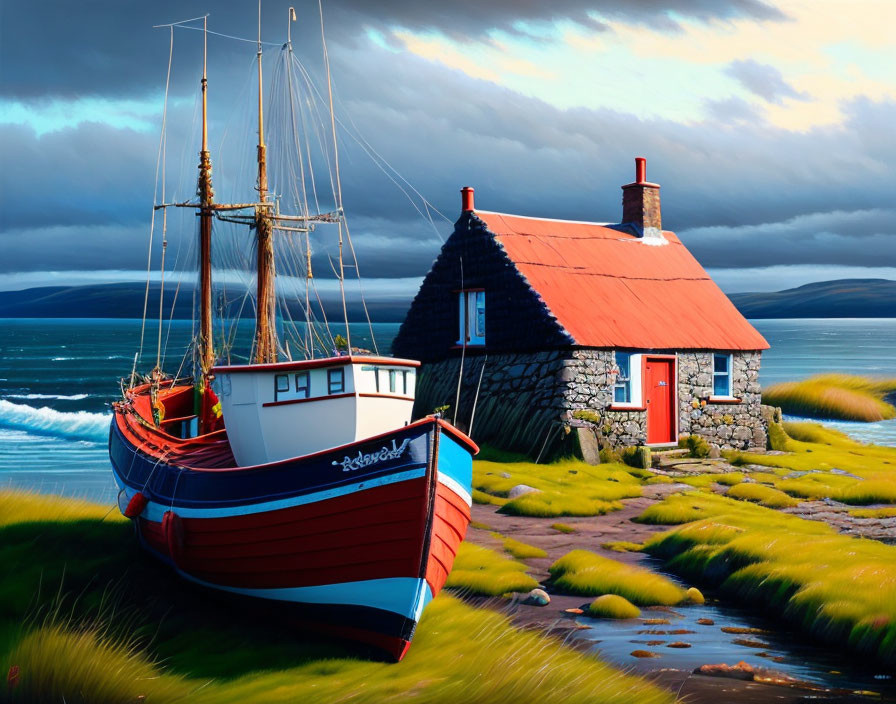 Red and White Boat by Stone Cottage on Green Grass Under Cloudy Sky