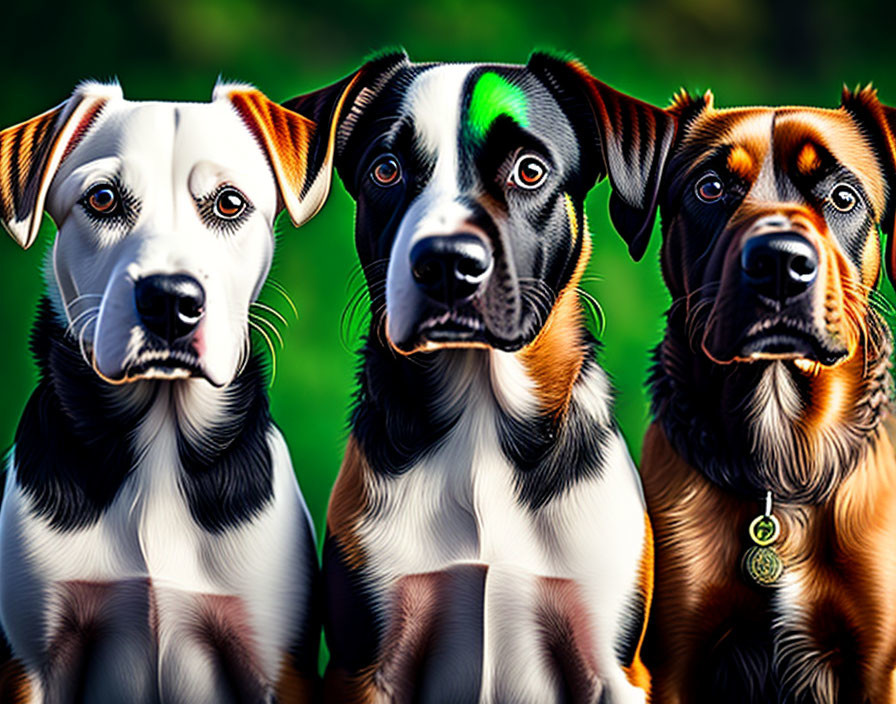 Vibrantly colored dogs with attentive expressions on green background