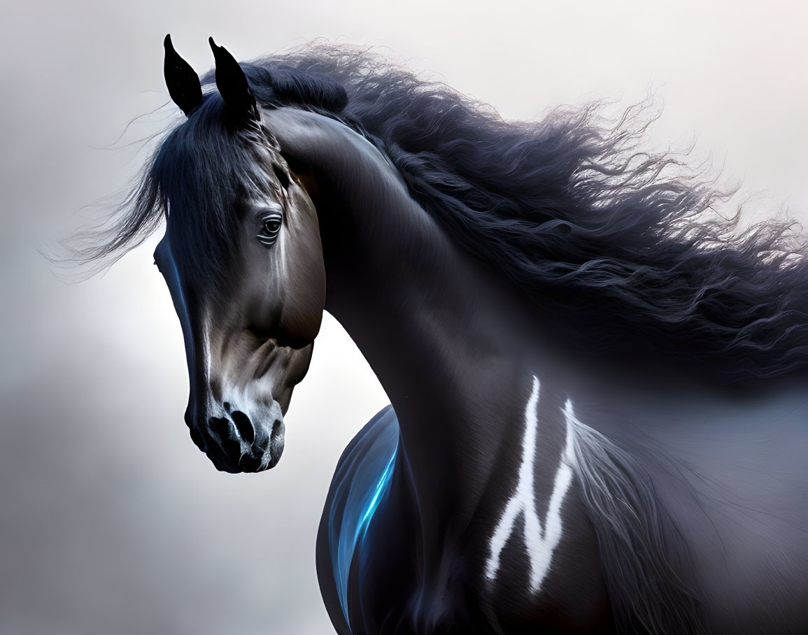 Majestic black horse with flowing mane and glowing blue light.