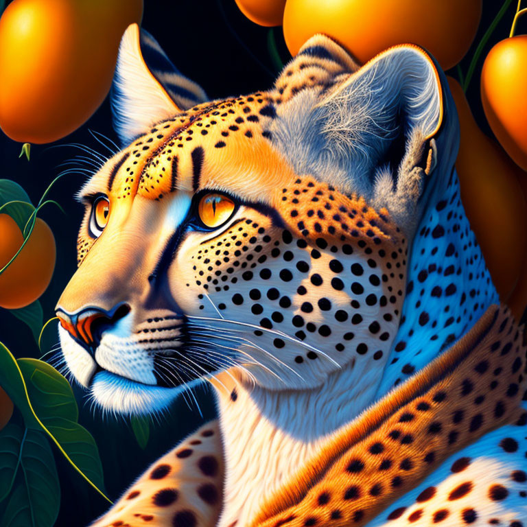 Vivid cheetah illustration with orange eyes in lush fruit and green leaves