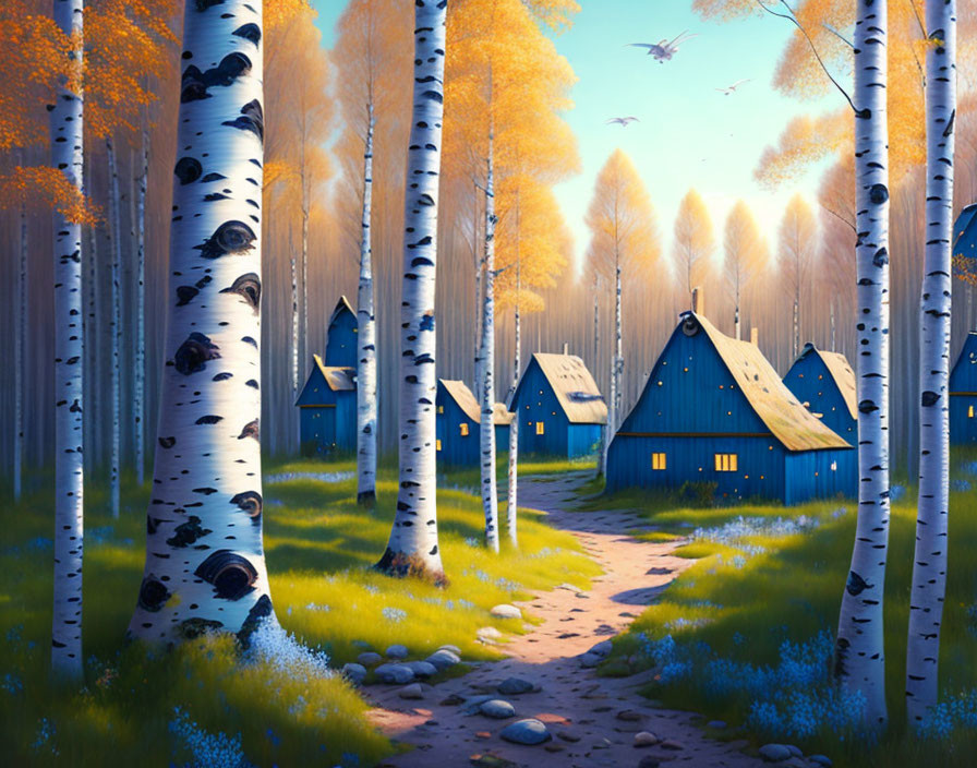 Enchanting forest scene with white birch trees and cozy blue-roofed cabins