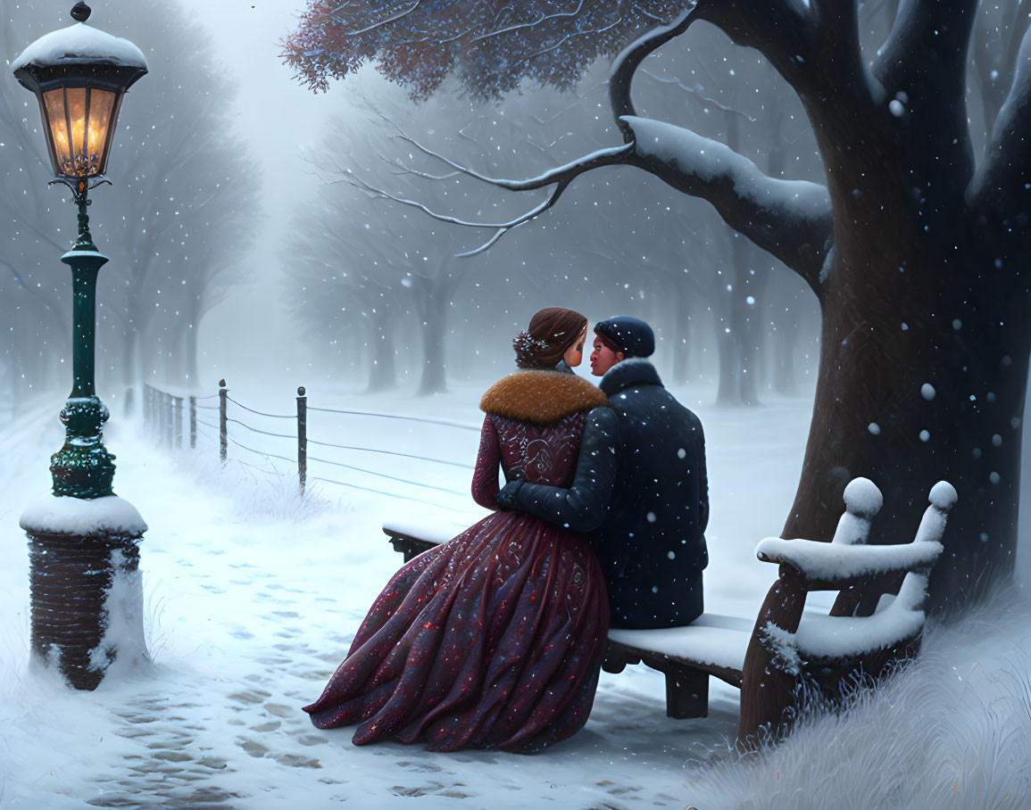 Couple Embraces on Snowy Park Bench in Winter Scene