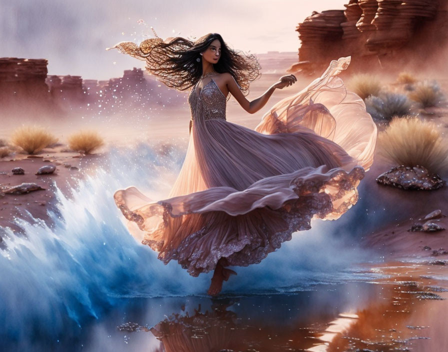 Graceful Woman Dancing in Flowing Dress in Desert Landscape