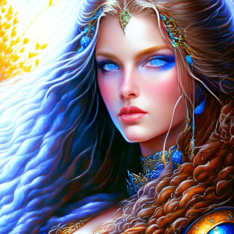 Fantasy illustration of woman with blue eyes, curly hair, and ornate blue/gold attire