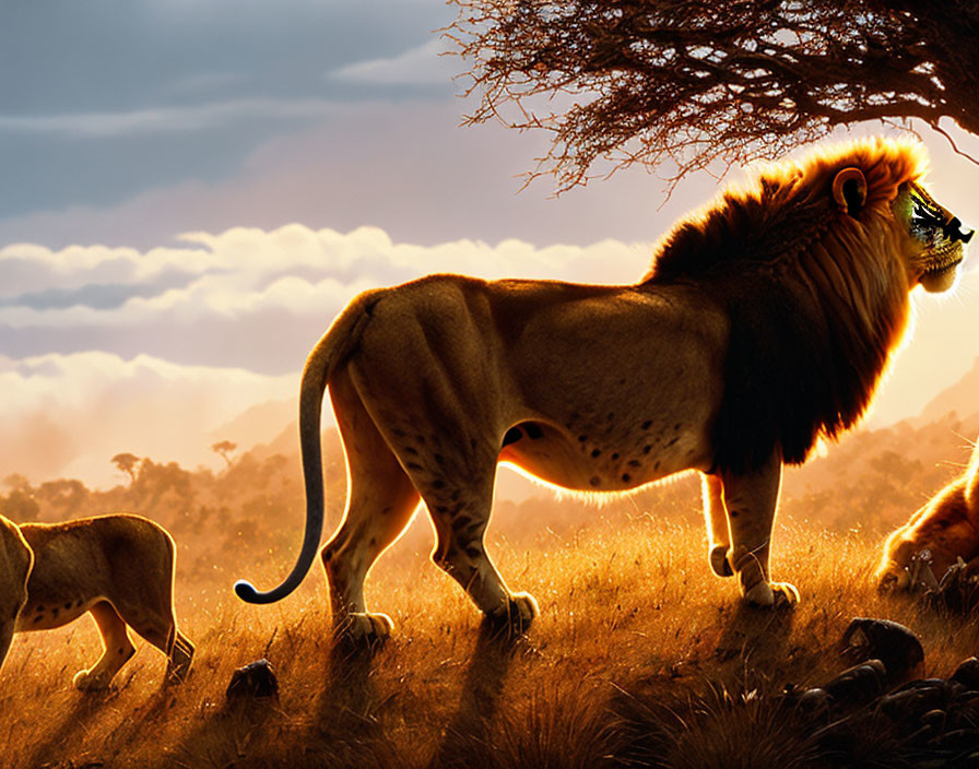 Majestic lion in sunlit savanna with others under tree silhouette