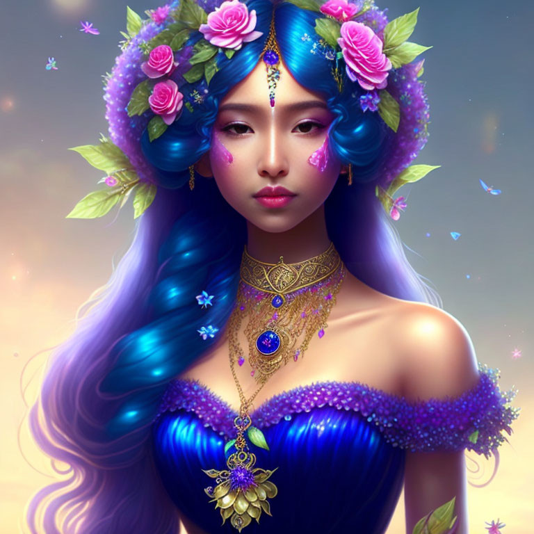 Digital illustration of woman with flowing blue hair, floral wreath, golden jewelry, and butterflies.