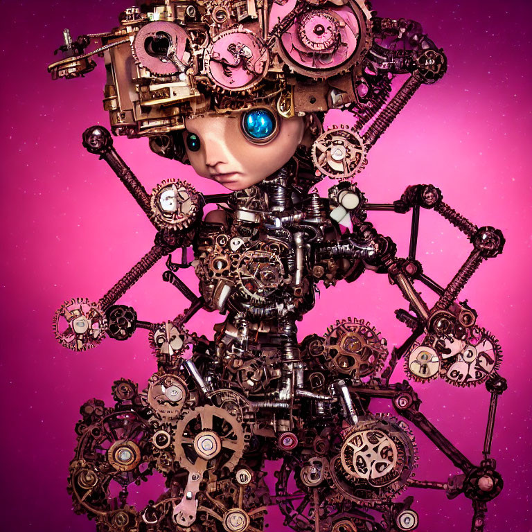 Bronze gear robot with human-like face on pink background