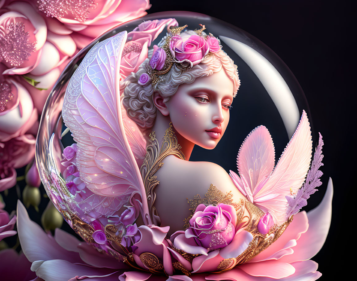 Pink-winged fairy with roses in circular frame on dark background with large flowers