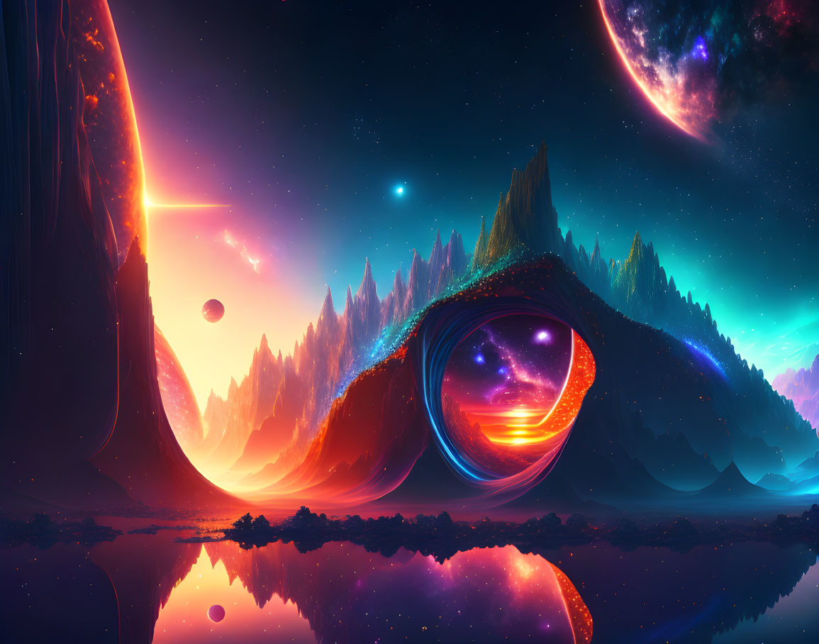 Neon-lit sci-fi landscape with cosmic swirl and reflective lake