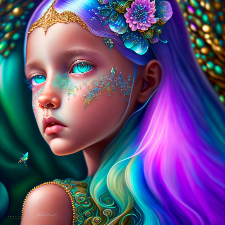 Vibrant digital artwork: girl with multicolored hair and golden facial adornments surrounded by pe