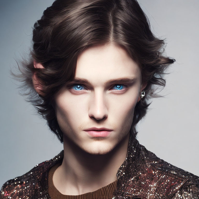 Portrait of person with blue eyes, wavy hair, sequined top, and earring