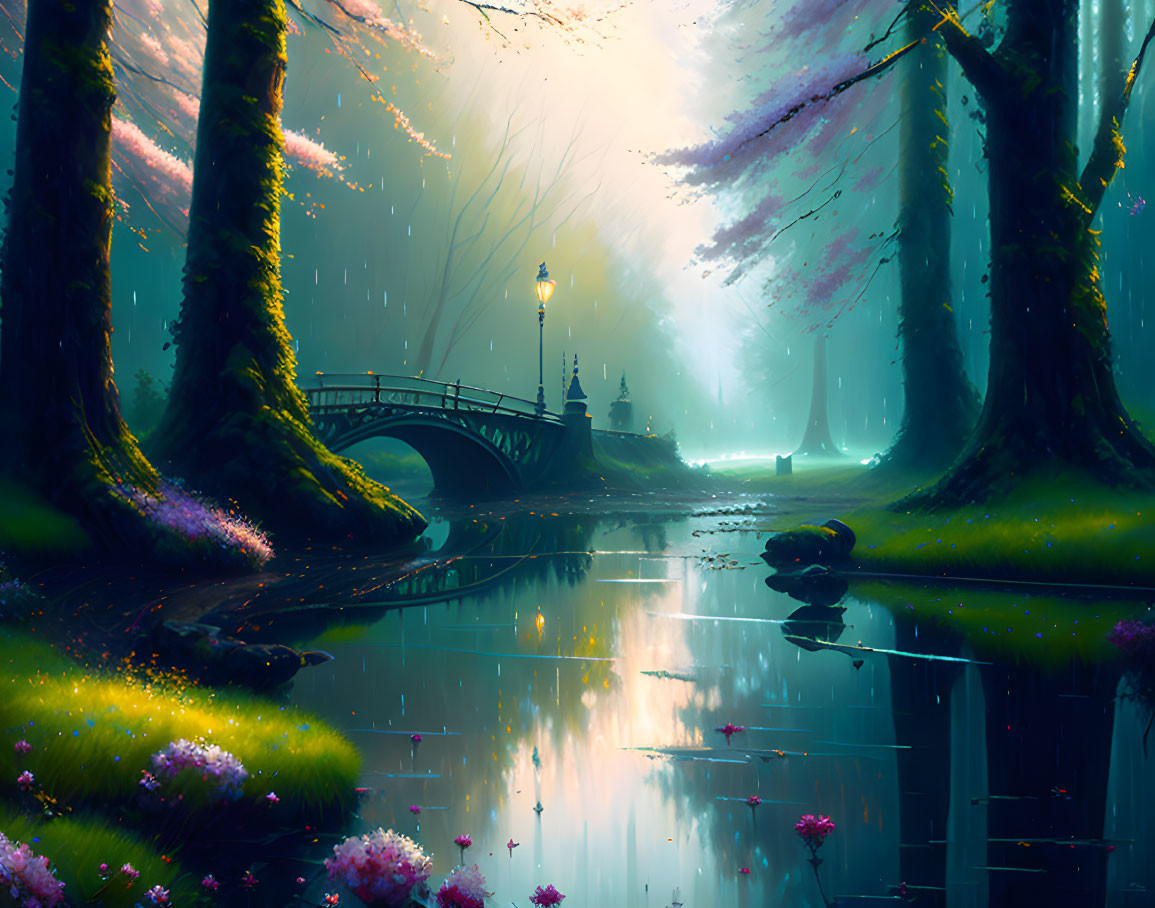 Mystical forest scene with lush trees, serene river, bridge, and pink blossoms