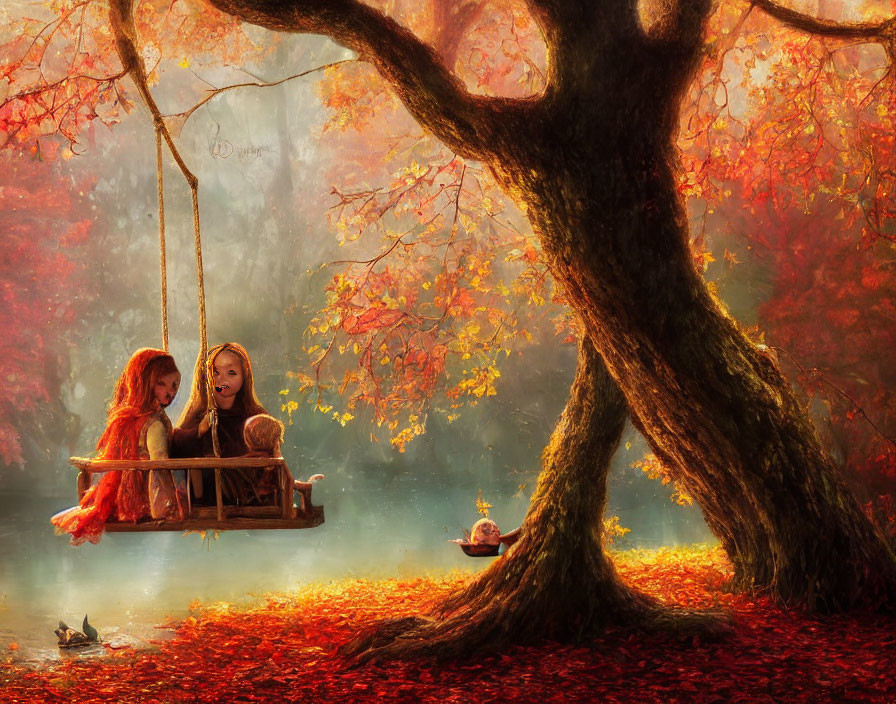 Two girls on wooden swing in autumn forest with fallen leaves