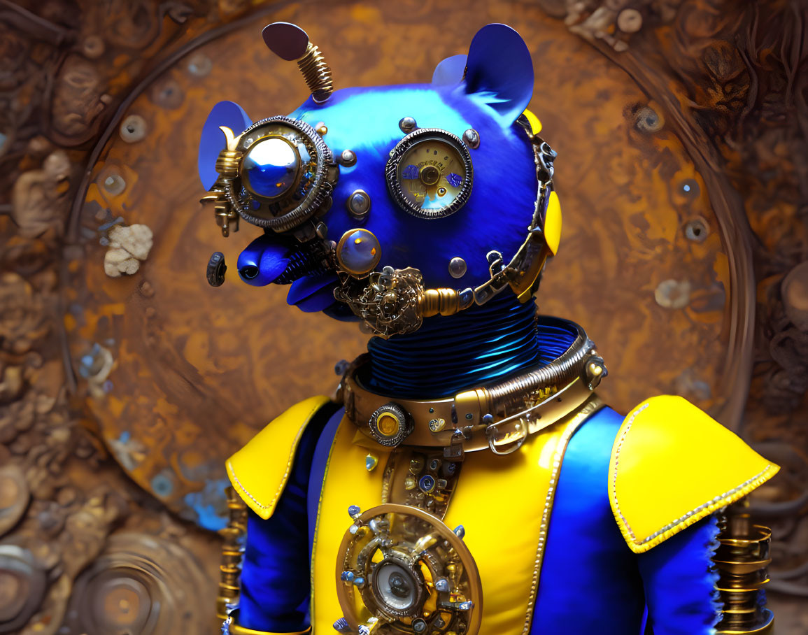 Steampunk-inspired robotic figure with blue head and intricate goggles against cog-filled backdrop