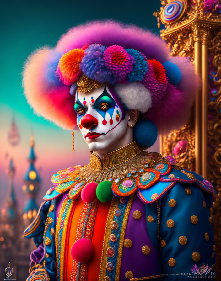 Colorful Clown with Multicolored Wig and Elaborate Costume in Ornate Setting