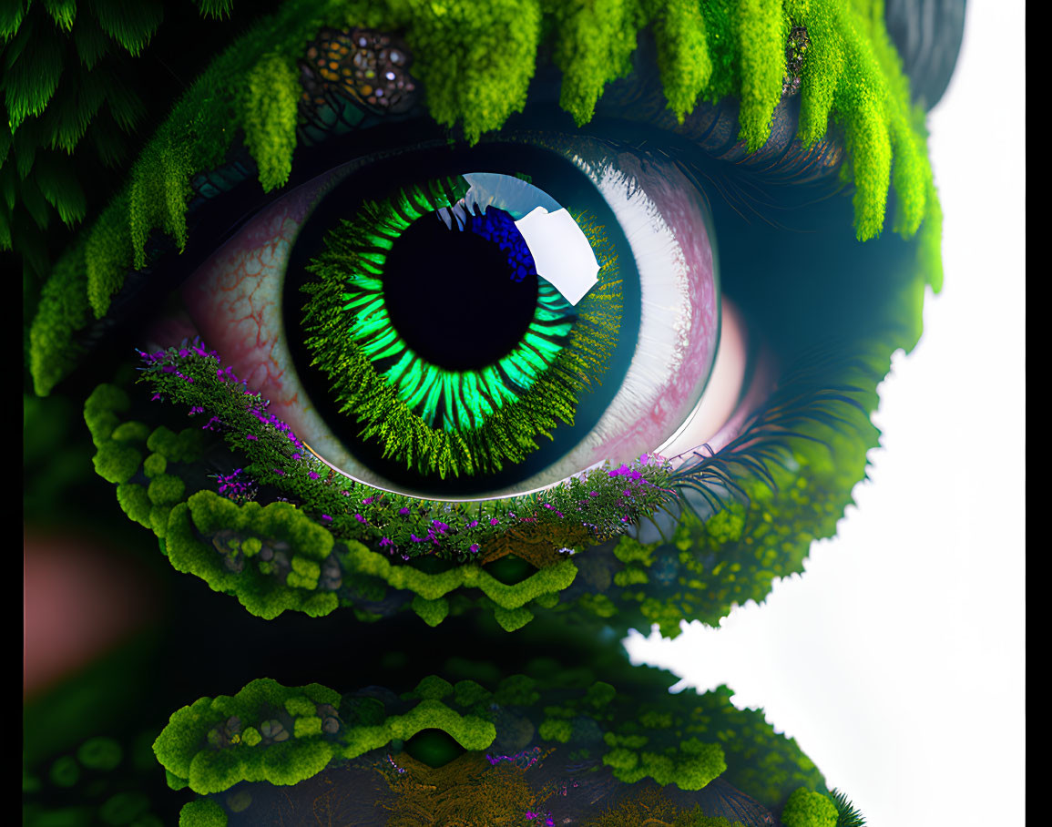 Colorful Human Eye with Green Foliage and Purple Flowers in Surreal Forest Landscape
