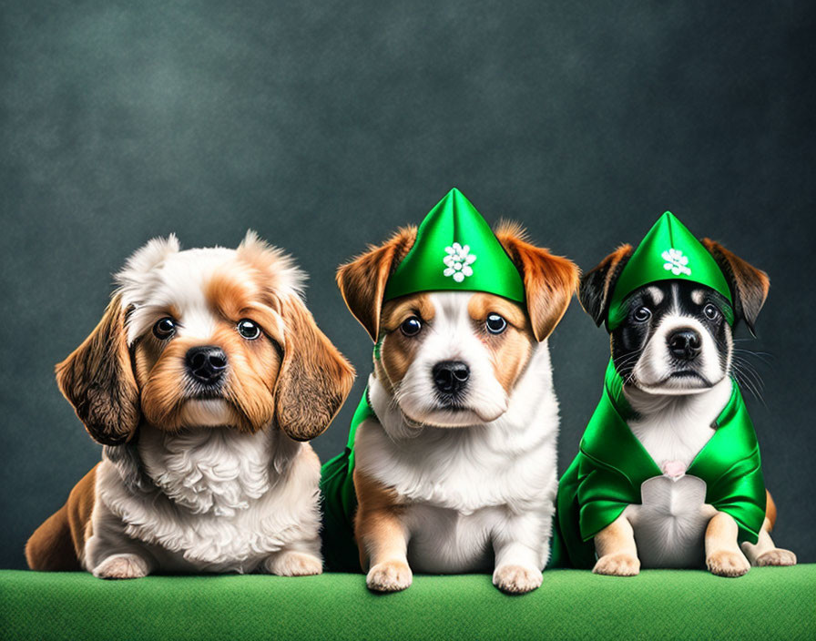 Three adorable puppies in green elf outfits sitting together on dark background