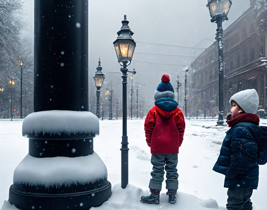 Children in winter clothes admire snow-covered street lamp on snowy day