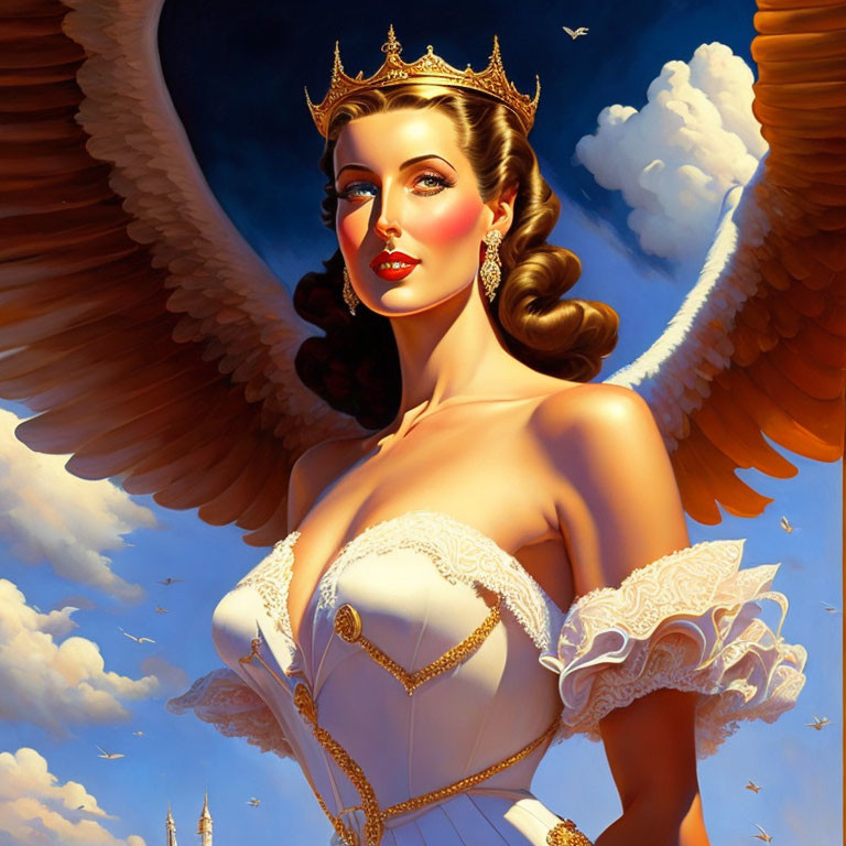 Majestic female figure with angelic wings and crown in sky backdrop