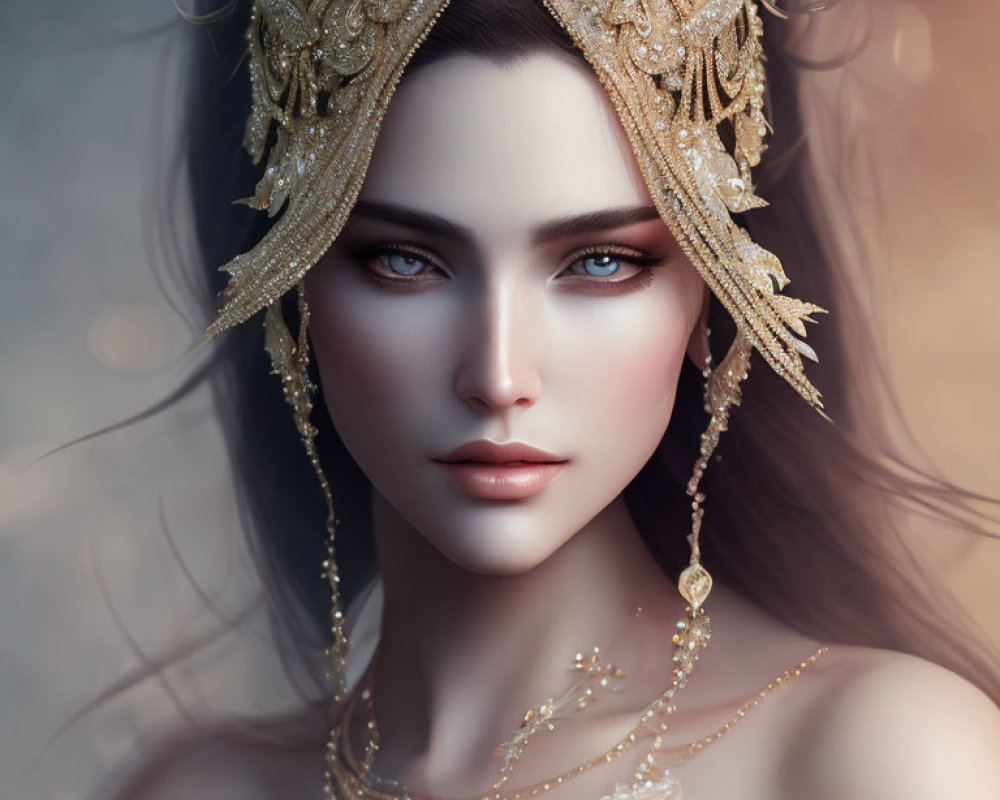 Digital artwork of a woman with striking blue eyes and long dark hair in ornate golden headpiece.