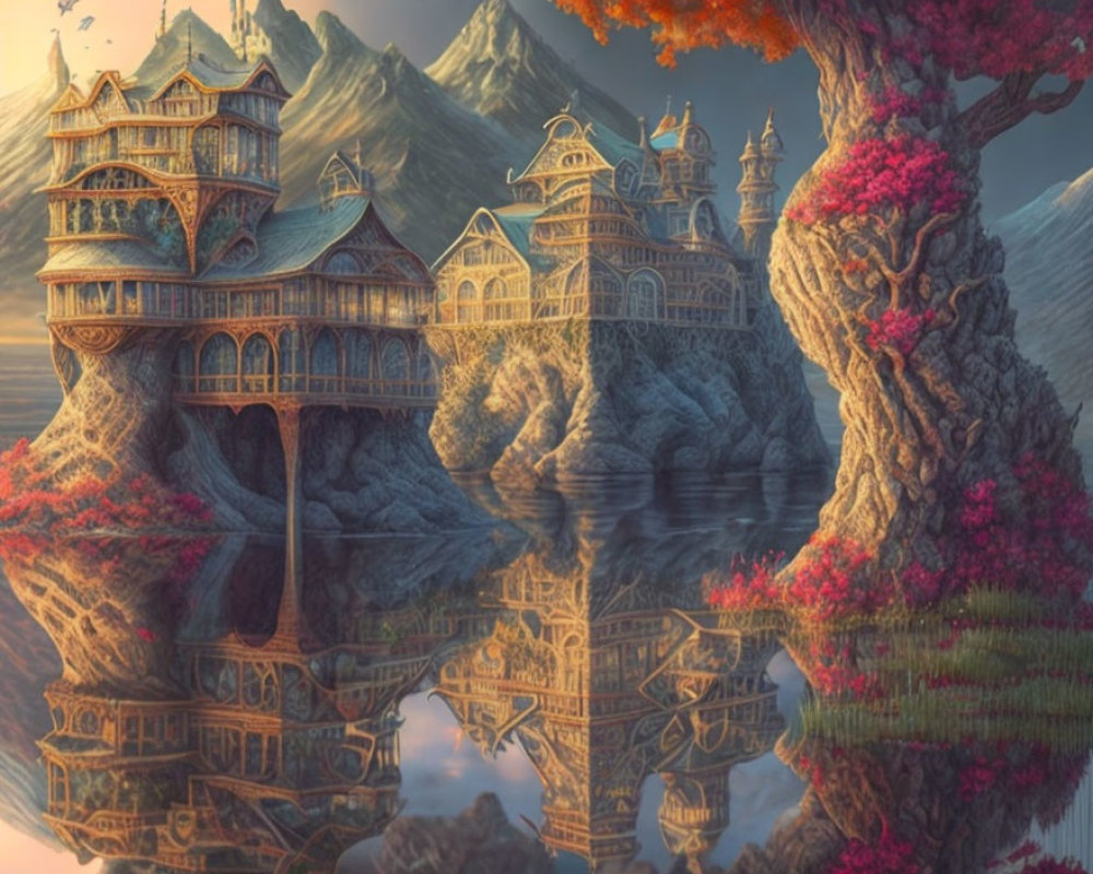 Elaborate fantasy landscape with tiered buildings on giant tree by tranquil lake