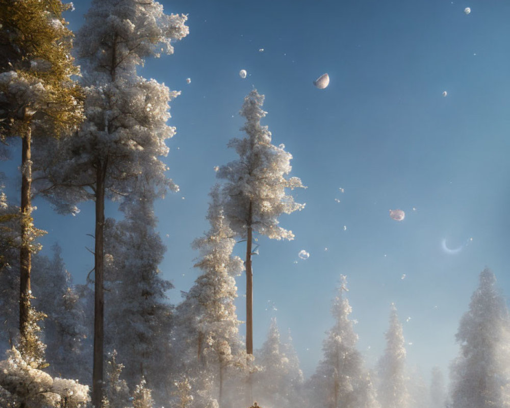 Misty forest scene with snow-covered trees and glowing lanterns