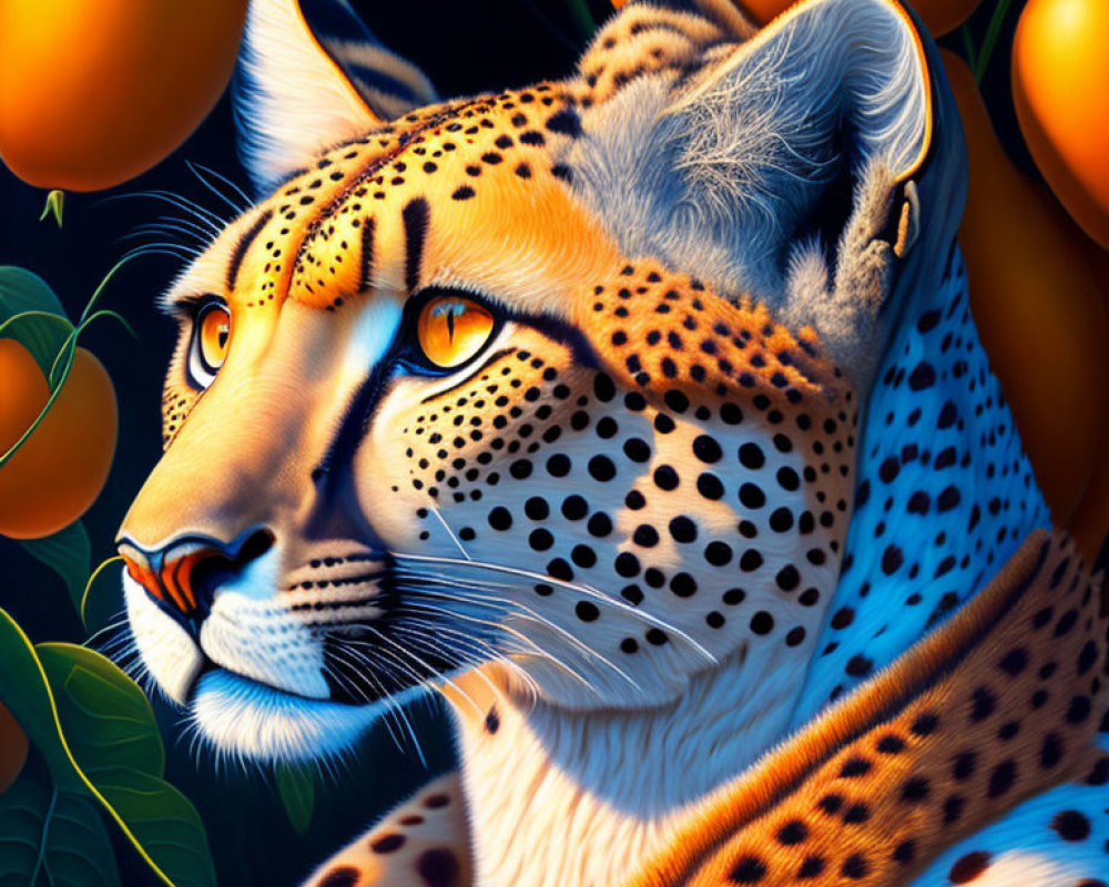 Vivid cheetah illustration with orange eyes in lush fruit and green leaves