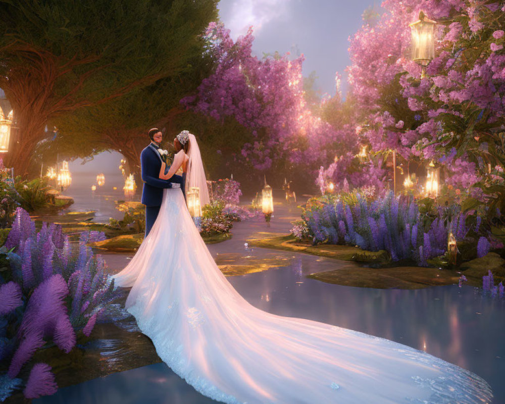 Couple Embracing in Twilight Garden with Pink Blossoms