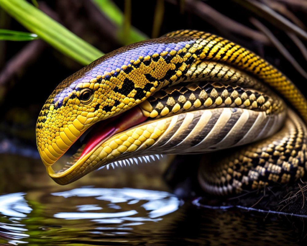 Yellow and Black Patterned Snake with Open Mouth in Water Scene