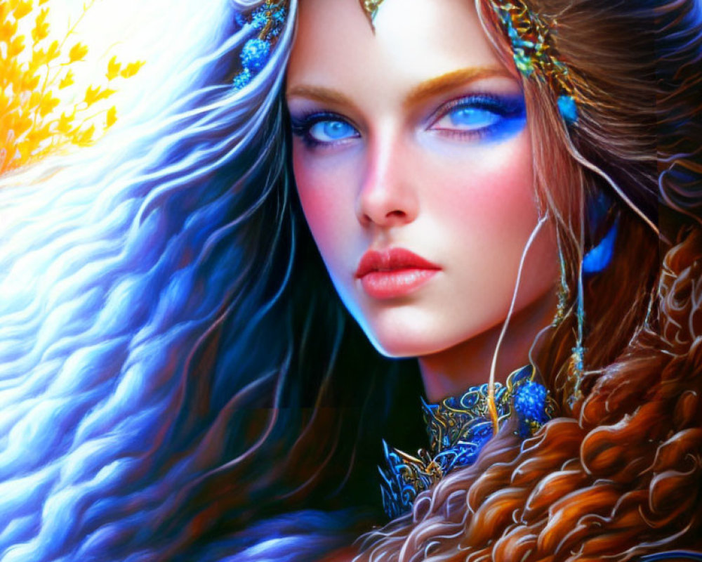 Fantasy illustration of woman with blue eyes, curly hair, and ornate blue/gold attire