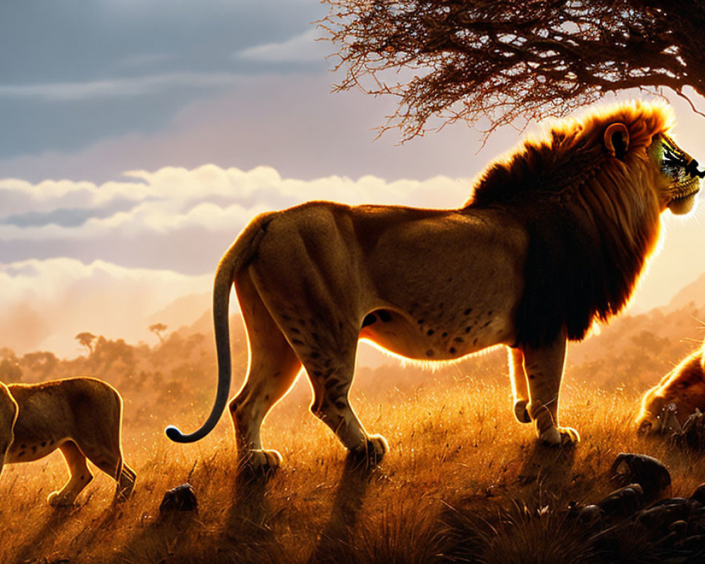 Majestic lion in sunlit savanna with others under tree silhouette