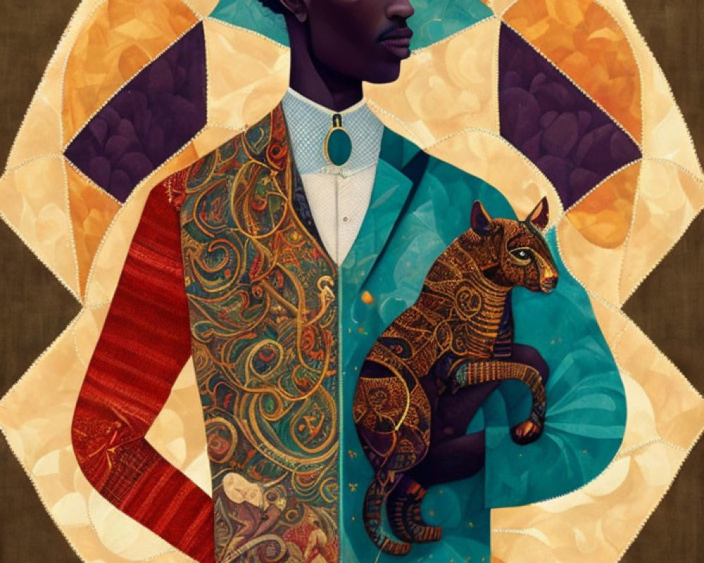 Vibrant man in patterned suit with ethereal lemur on shoulder against cosmic backdrop