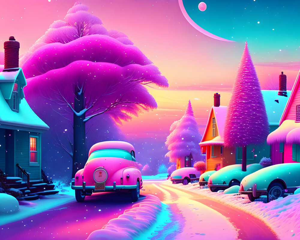 Colorful Winter Scene: Snow-Covered Trees, Pink Hues, Crescent Moon