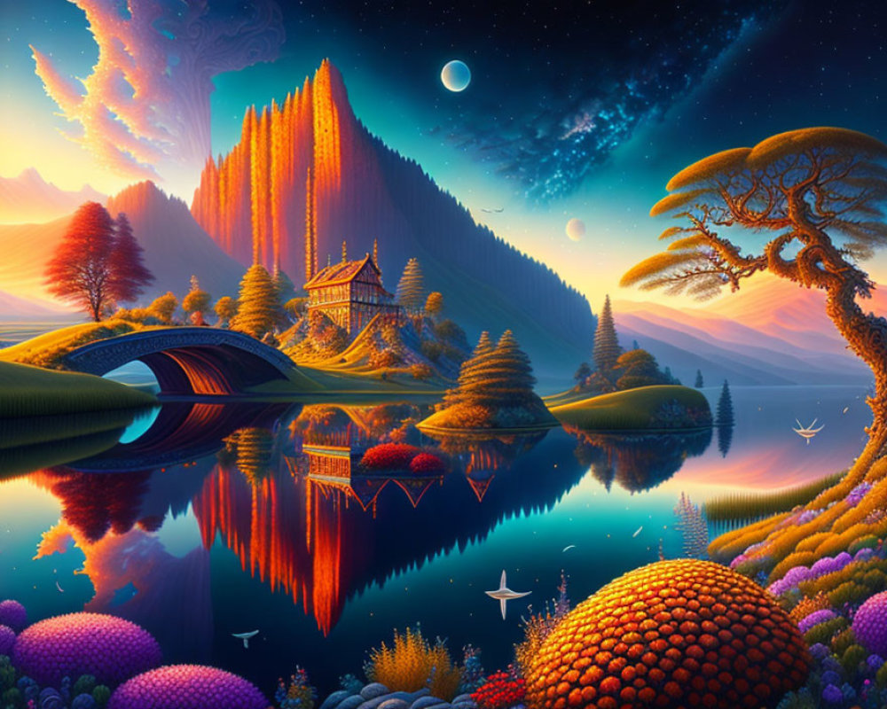 Colorful Fantasy Landscape with Lake, Flora, Bridge, Pagoda, Moons, and Aur