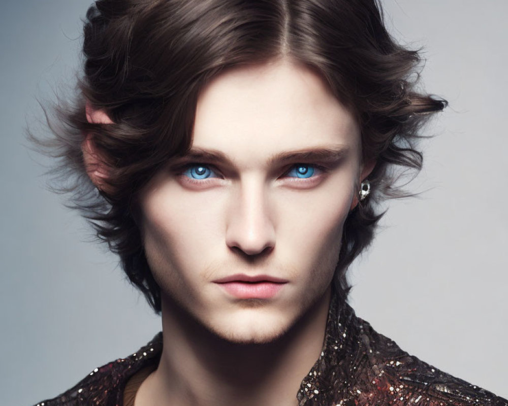 Portrait of person with blue eyes, wavy hair, sequined top, and earring