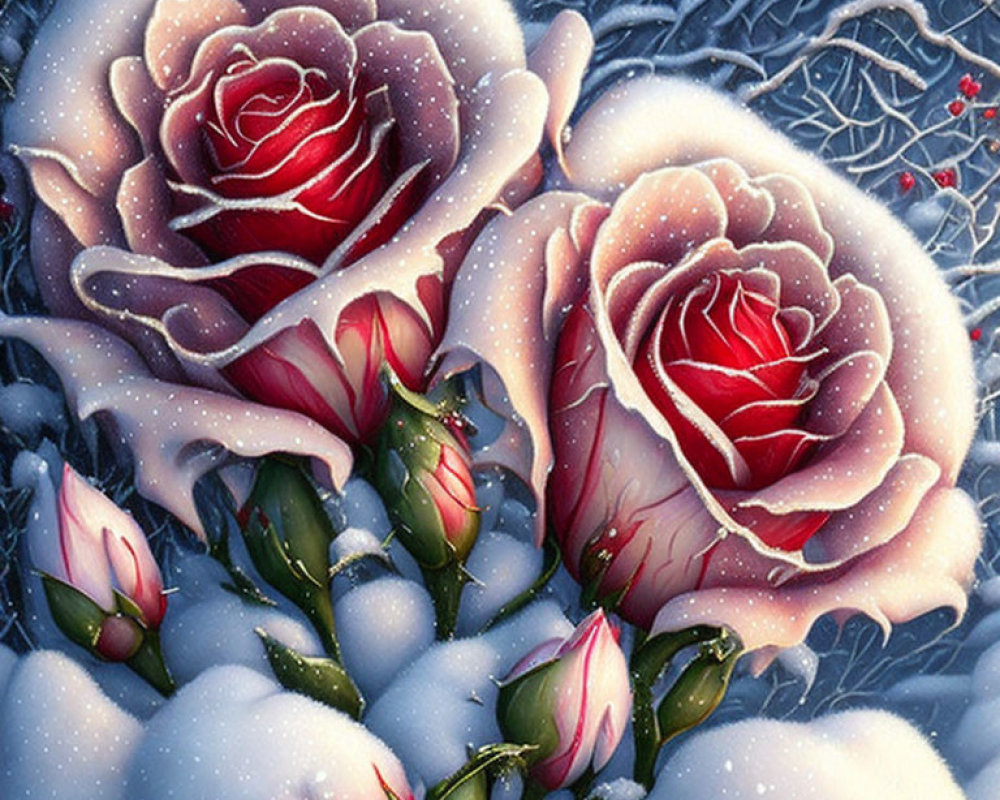 Snow-covered red roses with pink edges on wintry lattice backdrop