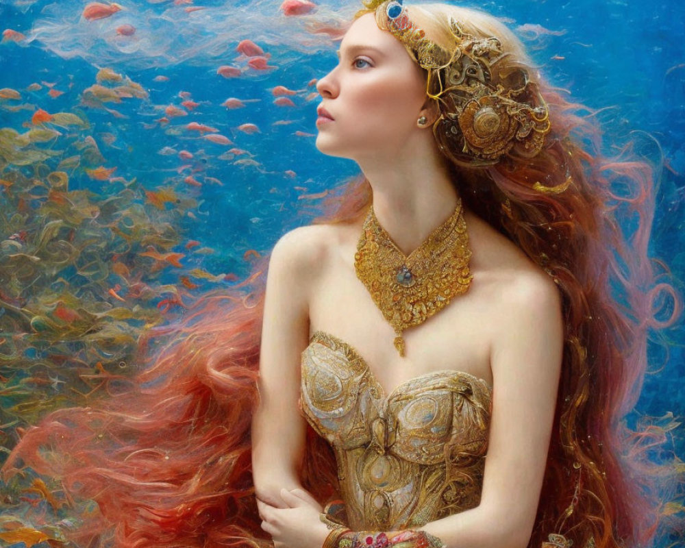 Ethereal woman with red hair and golden jewelry surrounded by vibrant underwater fish