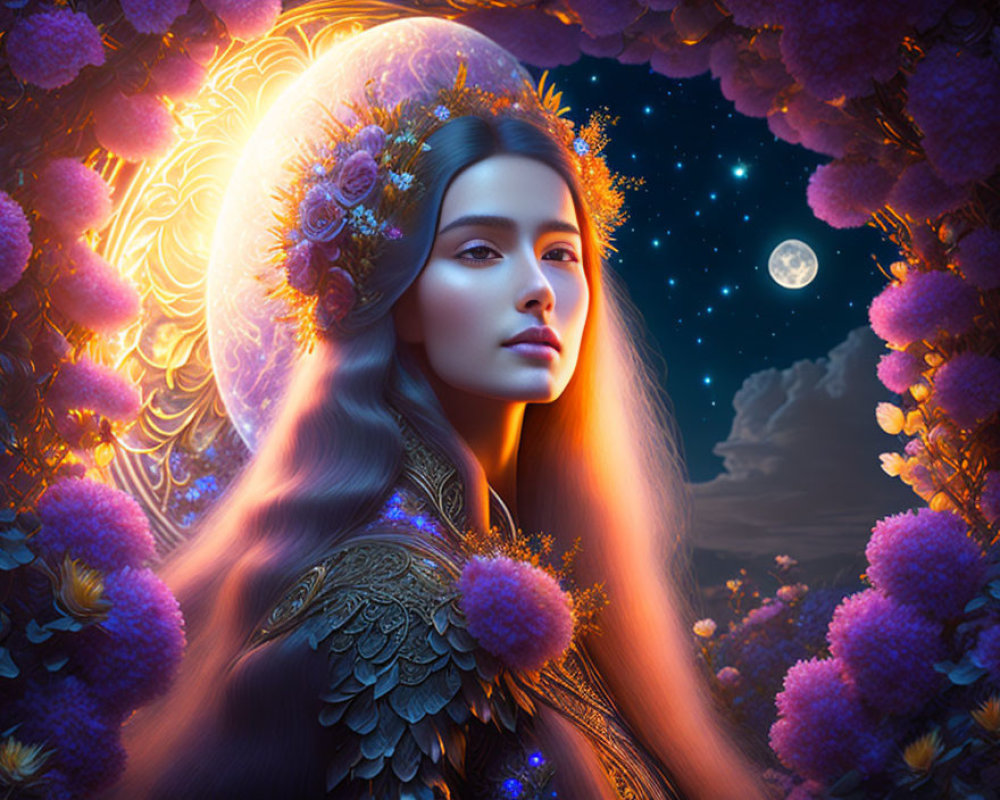 Portrait of woman with long hair in purple floral setting under starry night sky