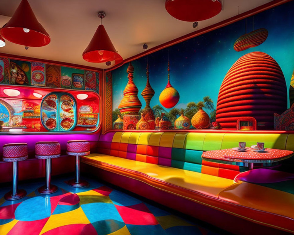 Colorful Psychedelic Interior with Multicolored Seating & Abstract Wall Art