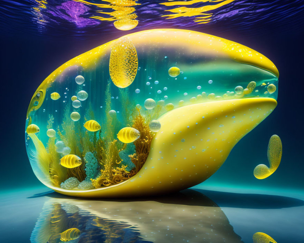 Artistic underwater banana scene with fish, bubbles, and seaweed