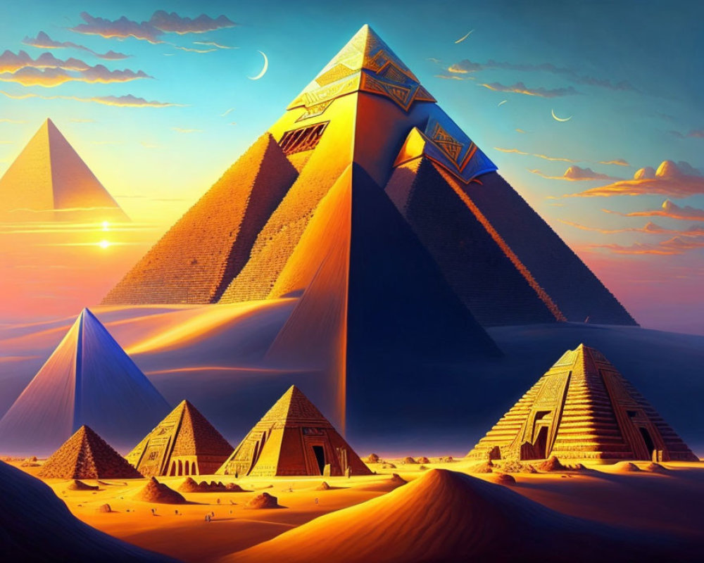 Artistic portrayal of Egyptian pyramids at Giza with crescent moons in twilight sky