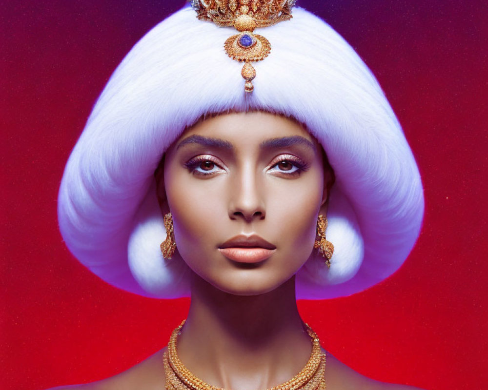 Woman in Striking Makeup with White Fur Hat and Jewelry on Purple Background