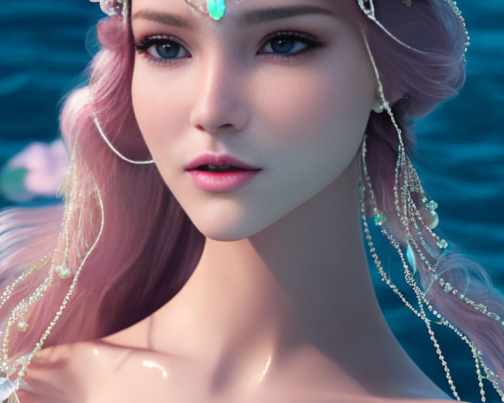 Detailed 3D-rendered female with pink hair and floral headpiece on blue water background