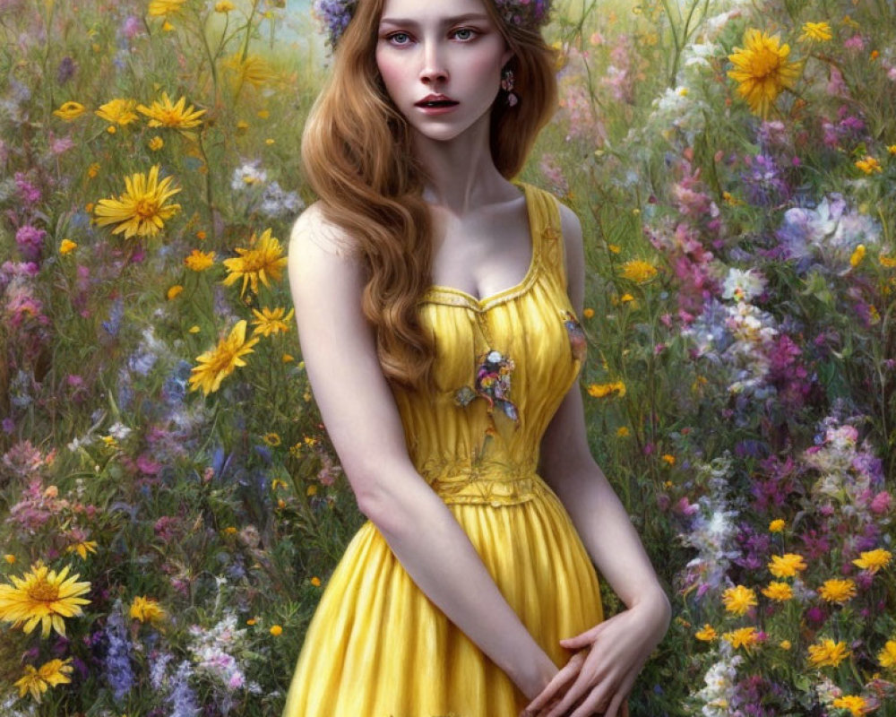 Woman in Yellow Dress with Floral Crown Surrounded by Wildflowers